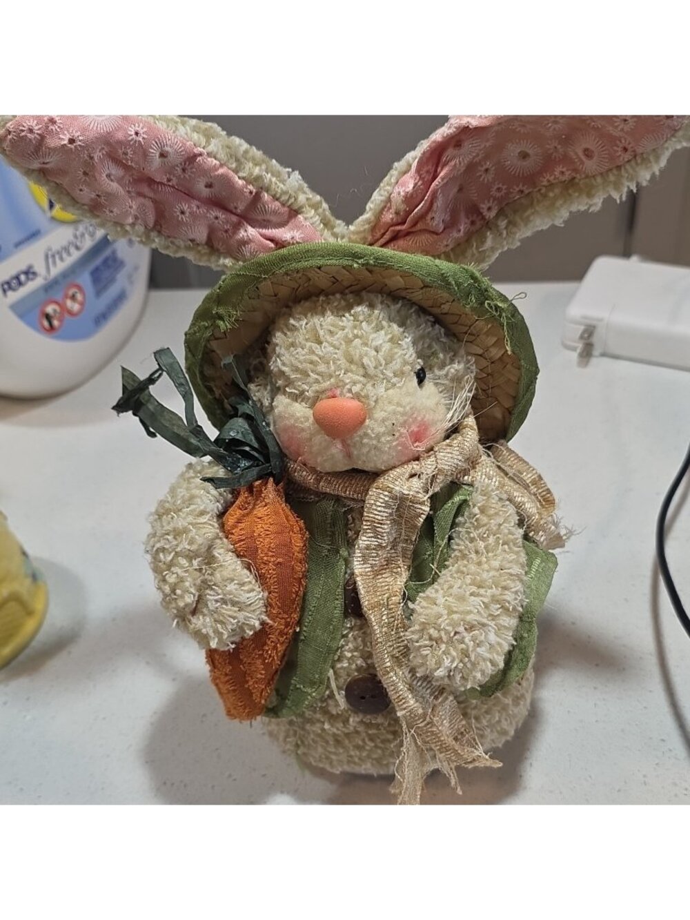 Plush Bunny Rabbit Stuffed Animal Straw Hat Green Vest Ribbon & Carrot Small